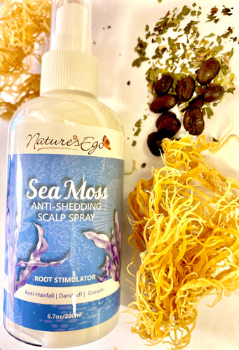 Sea Moss Anti-shedding scalp spray assists with balding and thin areas. Helps promote growth and reduce hairfall.